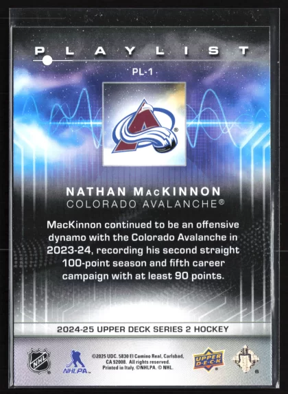 2024 2024-25 Upper Deck Nathan MacKinnon Hockey card — Back thumbnail