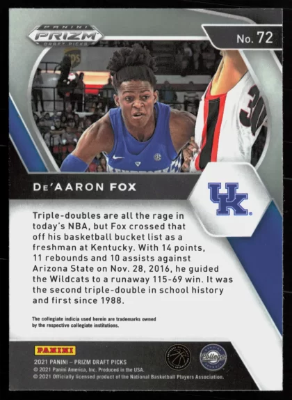 2021 2021 Panini Prizm Draft Picks De'Aaron Fox Basketball card — Back thumbnail