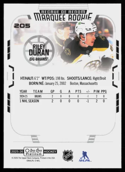 2025 2025-26 O-Pee-Chee Platinum Riley Duran Hockey card — Back thumbnail