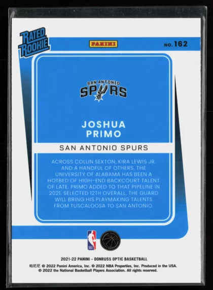 2021 2021-22 Donruss Optic Joshua Primo Basketball card — Back thumbnail