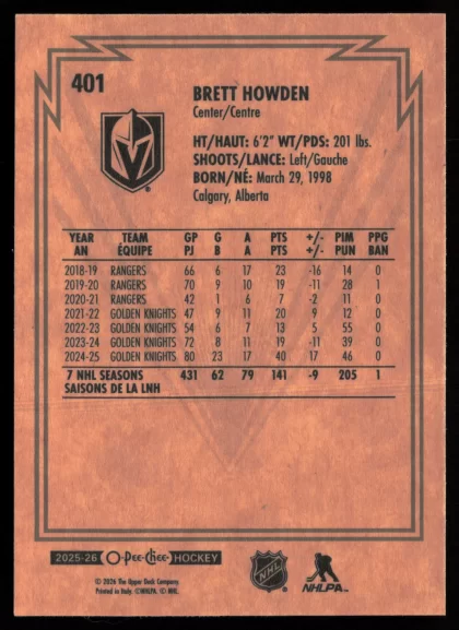 2025 2025-26 O-Pee-Chee Brett Howden Hockey card — Back thumbnail