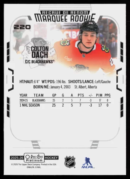 2025 2025-26 O-Pee-Chee Platinum Colton Dach Hockey card — Back thumbnail