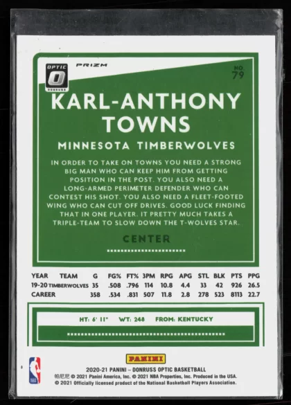 2020 2020-21 Donruss Optic Karl-Anthony Towns Basketball card — Back thumbnail