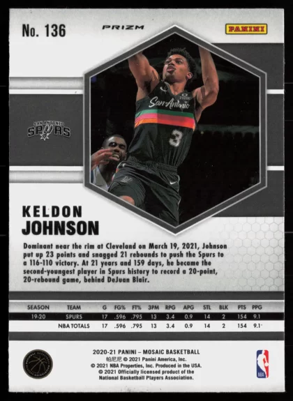 2020 2020-21 Panini Mosaic Keldon Johnson Basketball card — Back thumbnail