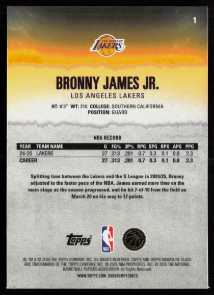 2025 2025-26 Topps Signature Class Bronny James Jr. Basketball card — Back thumbnail