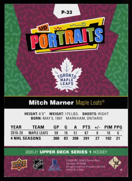 2020 2020-21 Upper Deck Mitch Marner Hockey card — Back thumbnail