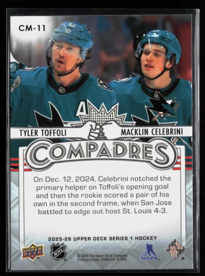 2025 2025-26 Upper Deck Macklin Celebrini / Tyler Toffoli Hockey card — Back thumbnail