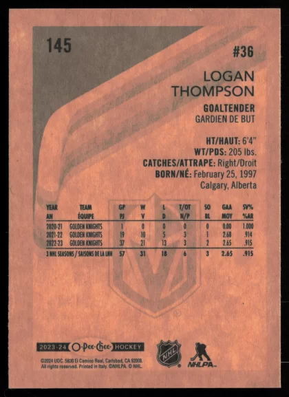 2023 2023-24 O-Pee-Chee Logan Thompson Hockey card — Back thumbnail