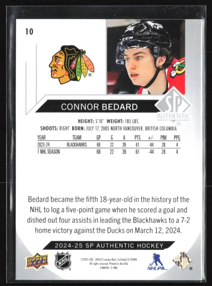 2024 2024-25 SP Authentic Connor Bedard Hockey card — Back thumbnail