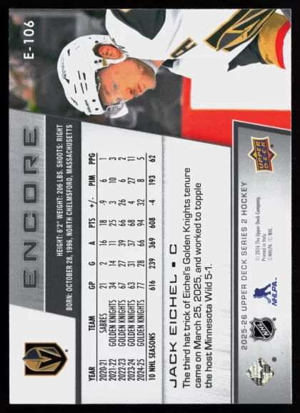 2025 2025-26 Upper Deck Jack Eichel Hockey card — Back thumbnail