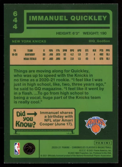 2020 2020-21 Panini Chronicles Immanuel Quickley Basketball card — Back thumbnail