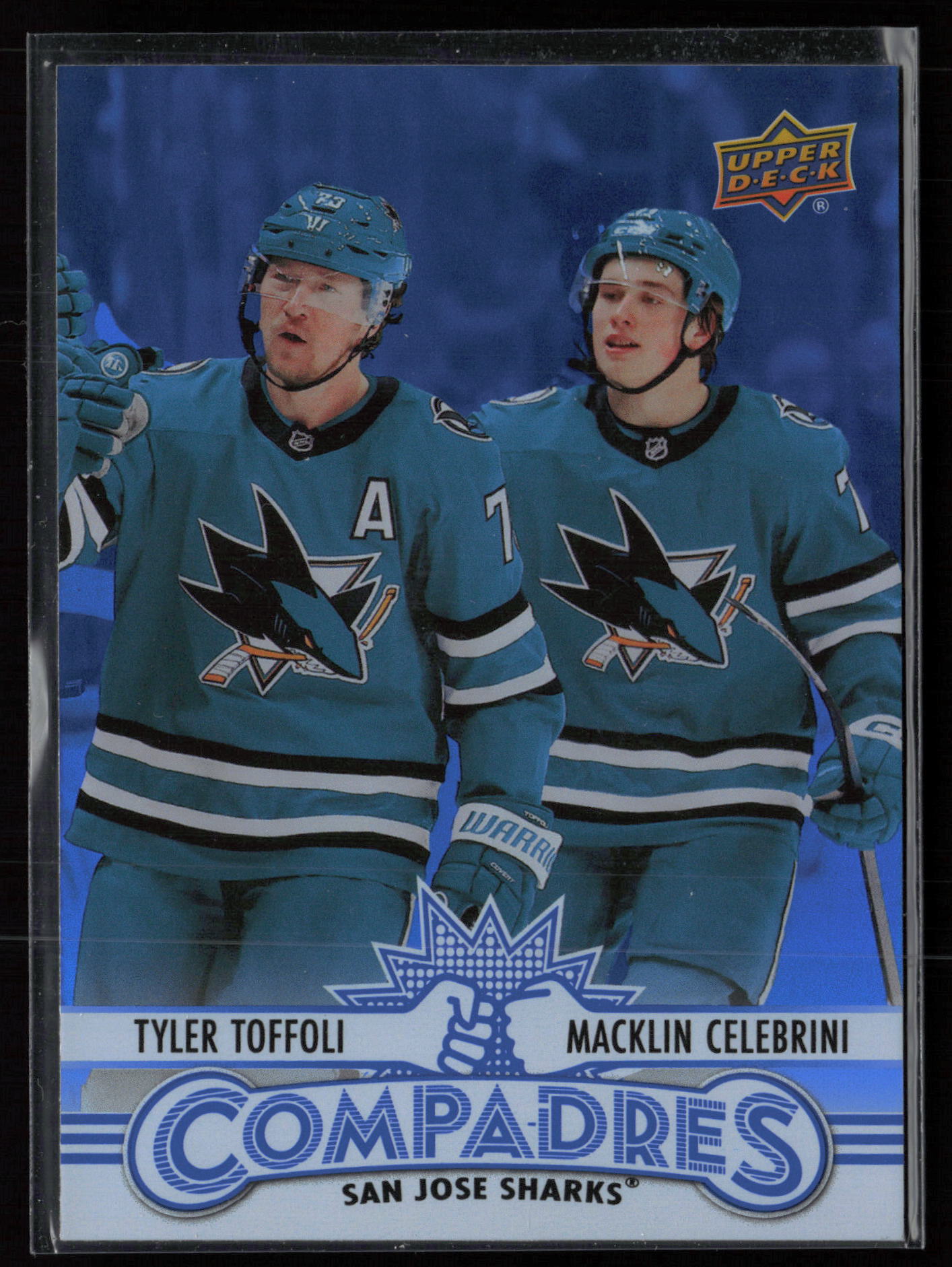 2025 2025-26 Upper Deck Macklin Celebrini / Tyler Toffoli Hockey card front — Card Source Canada