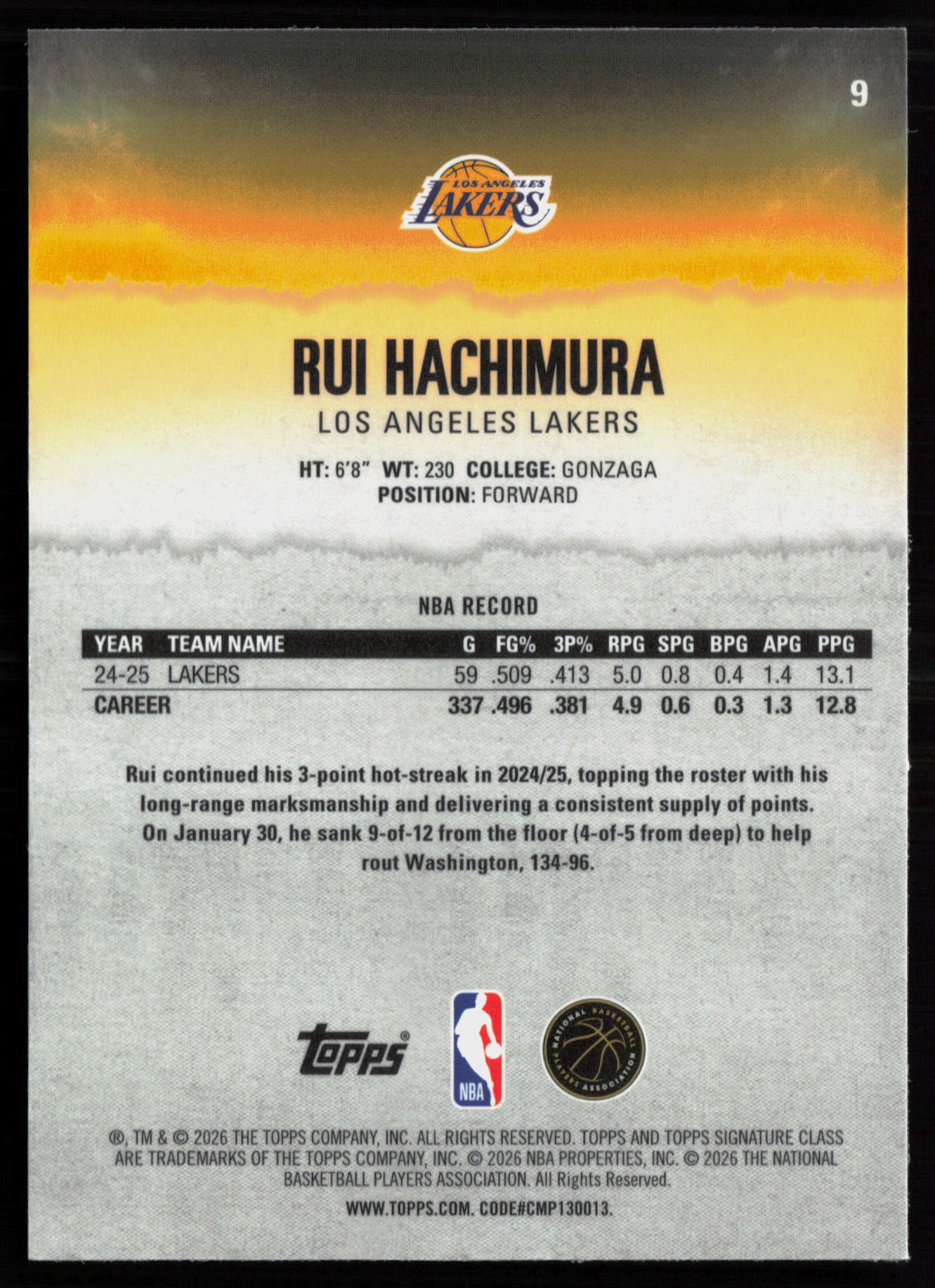 2025 2025-26 Topps Signature Class Rui Hachimura Basketball card — Back thumbnail