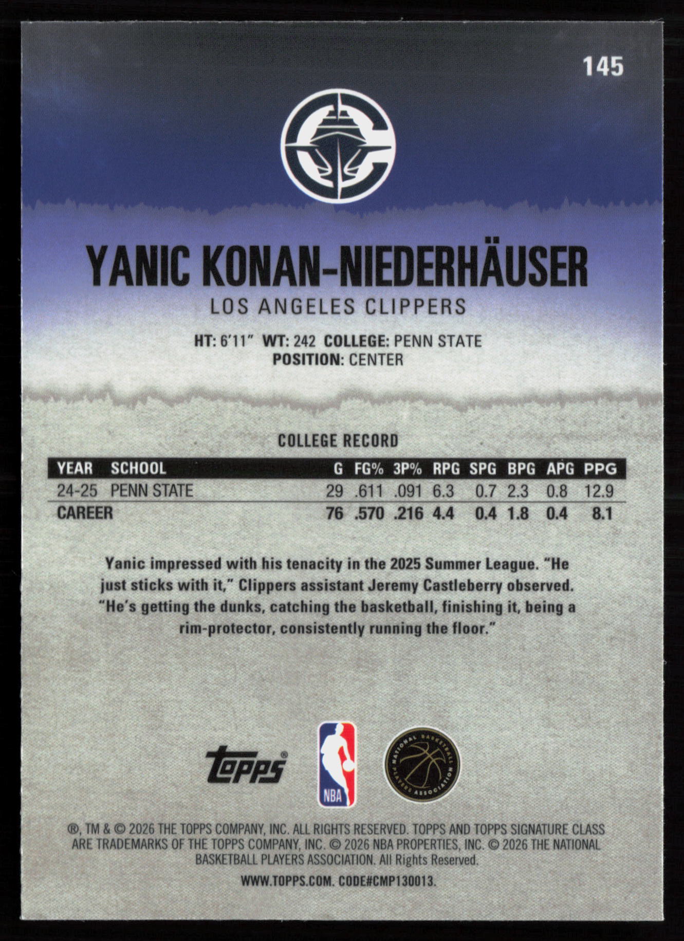 2025 2025-26 Topps Signature Class Yanic Konan-Niederhäuser Basketball card — Back thumbnail