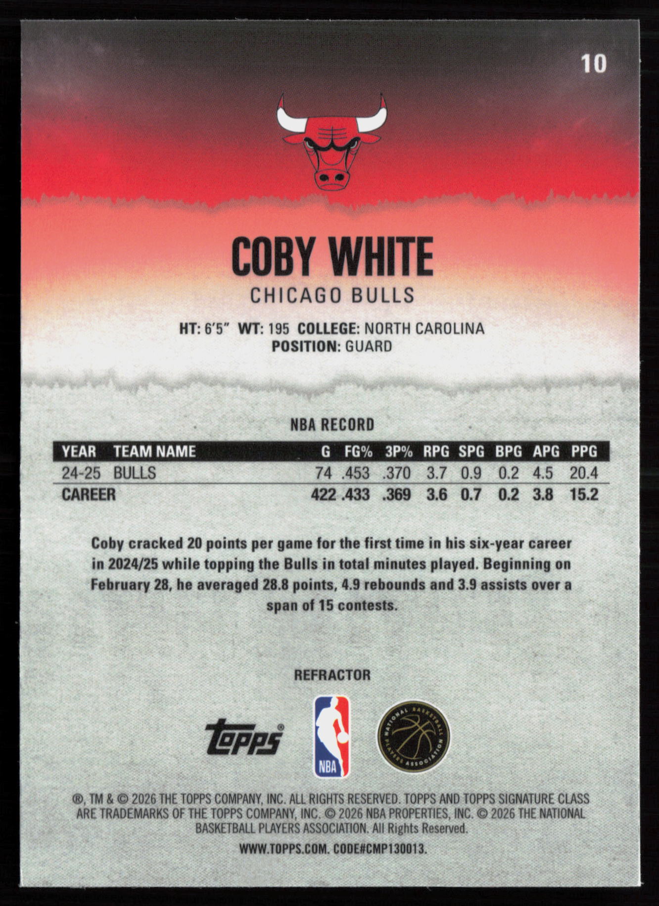 2025 2025-26 Topps Signature Class Coby White Basketball card — Back thumbnail