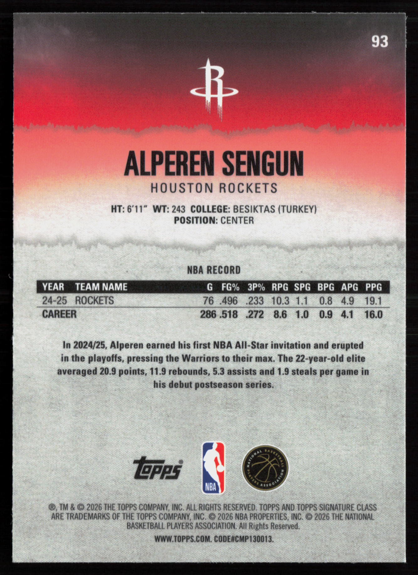 2025 2025-26 Topps Signature Class Alperen Sengun Basketball card — Back thumbnail