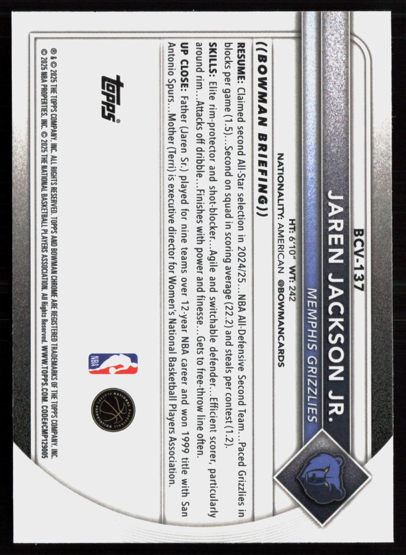 2025 2025-26 Bowman Jaren Jackson Jr. Basketball card — Back thumbnail