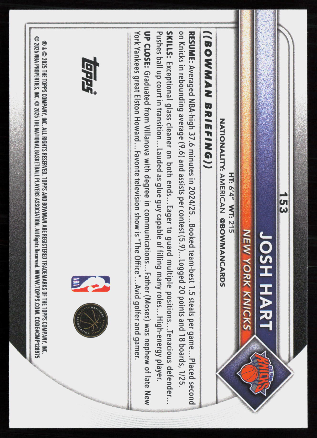 2025 2025-26 Bowman Josh Hart Basketball card — Back thumbnail