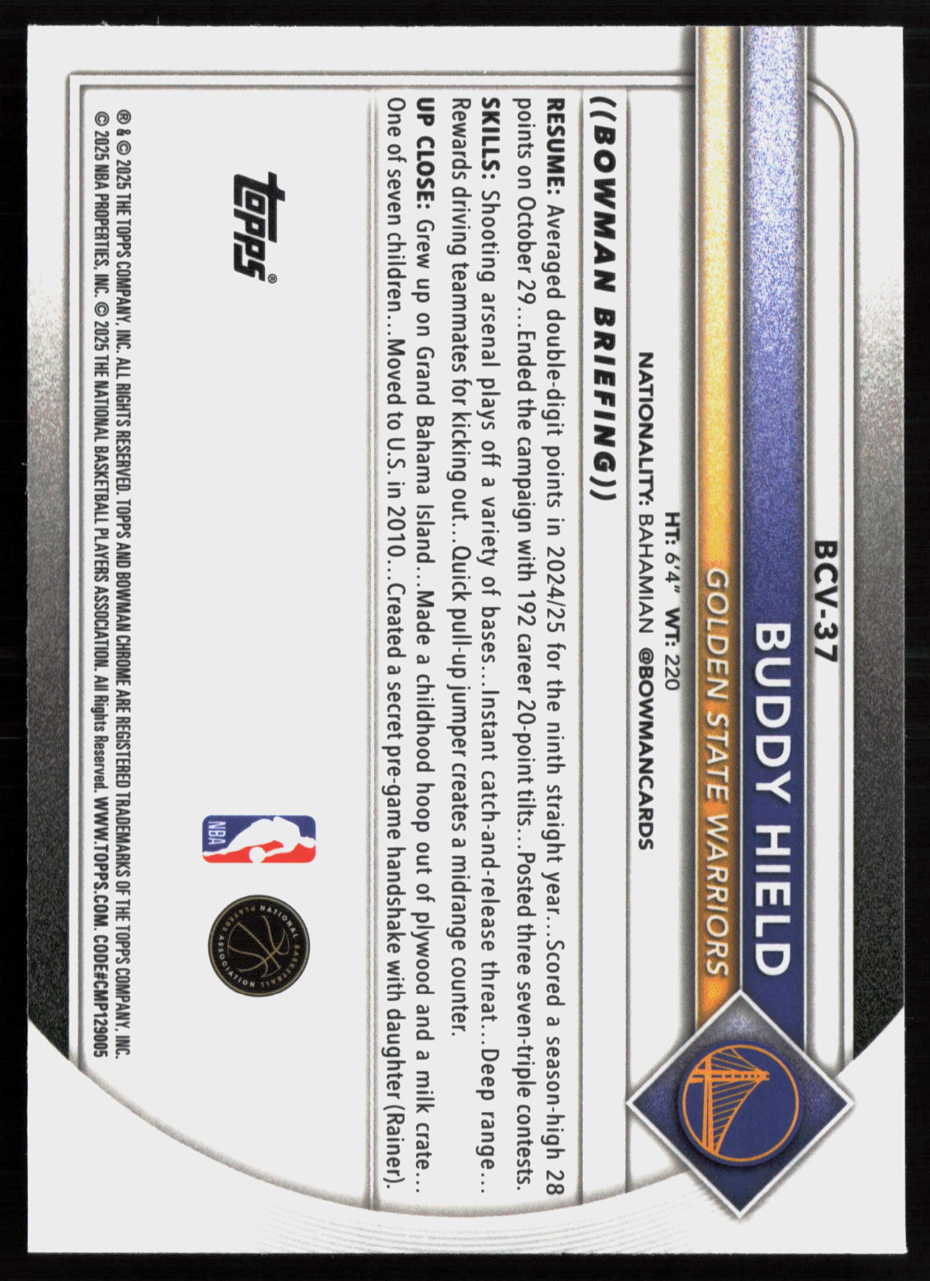 2025 2025-26 Bowman Buddy Hield Basketball card — Back thumbnail