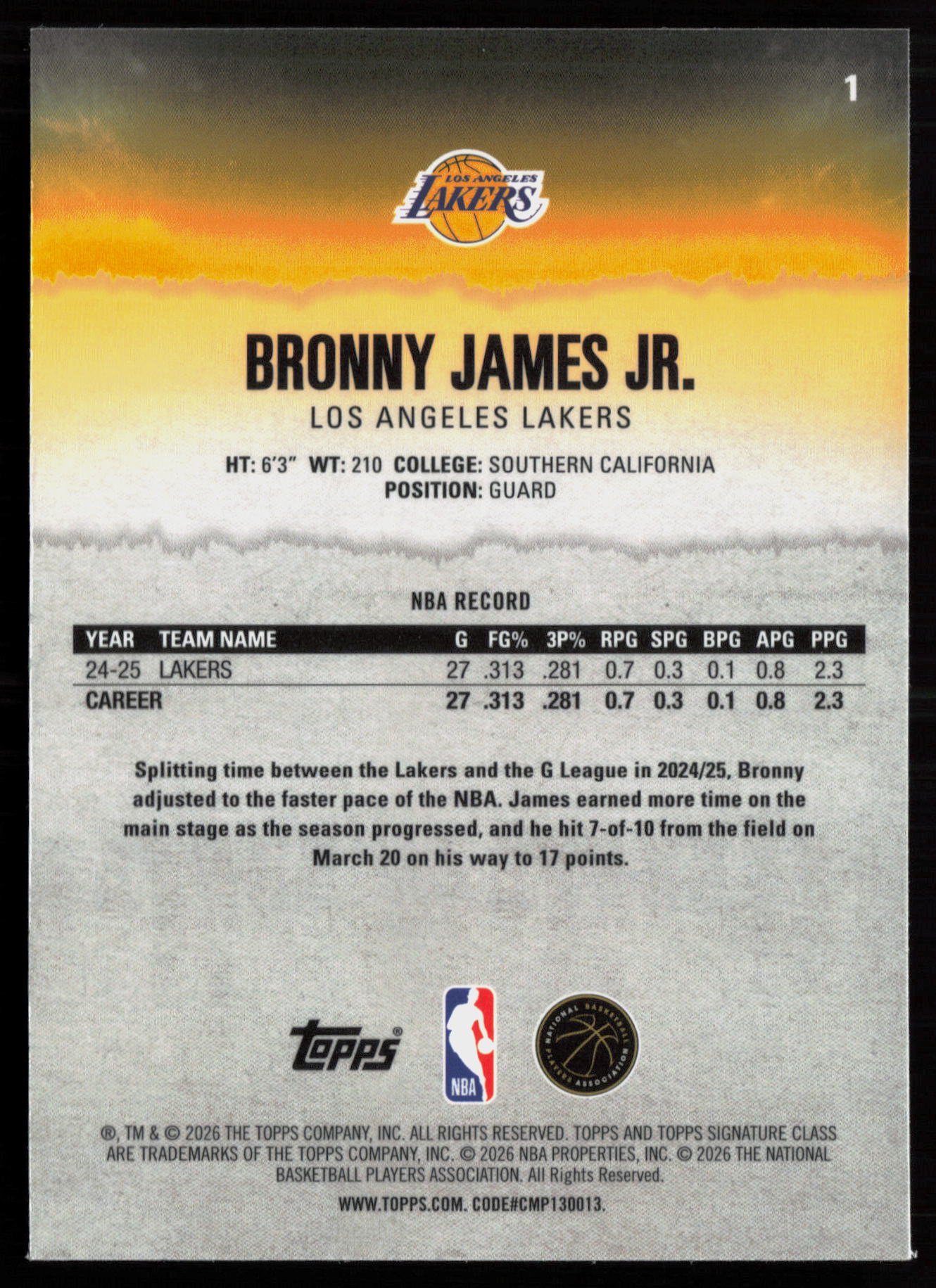 2025 2025-26 Topps Signature Class Bronny James Jr. Basketball card — Back thumbnail