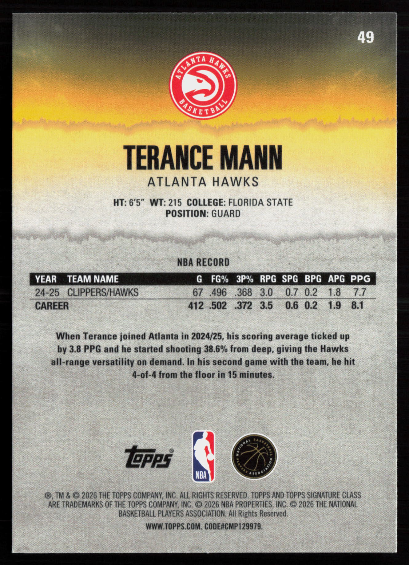 2025 2025-26 Topps Signature Class Terance Mann Basketball card — Back thumbnail