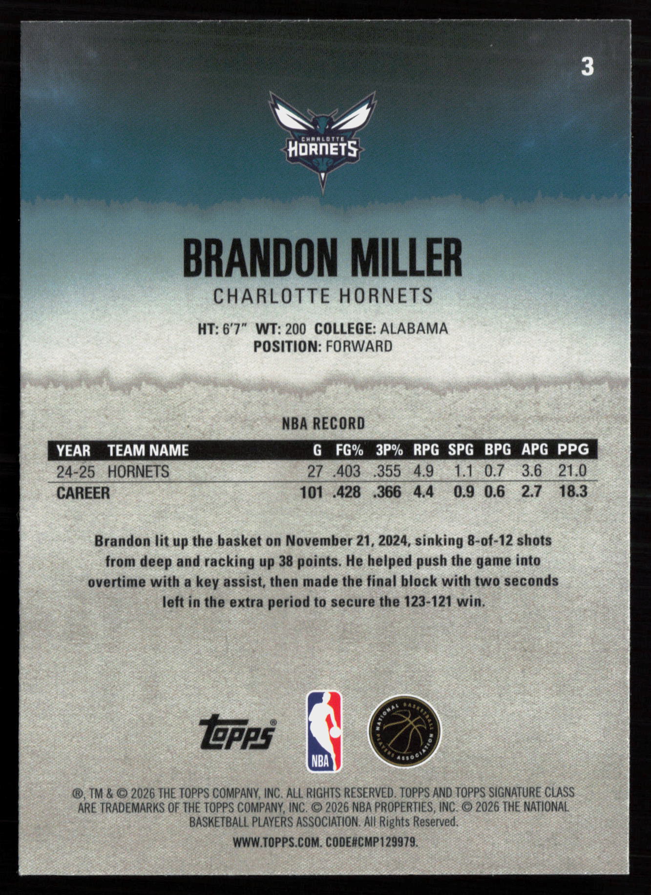 2025 2025-26 Topps Signature Class Brandon Miller Basketball card — Back thumbnail