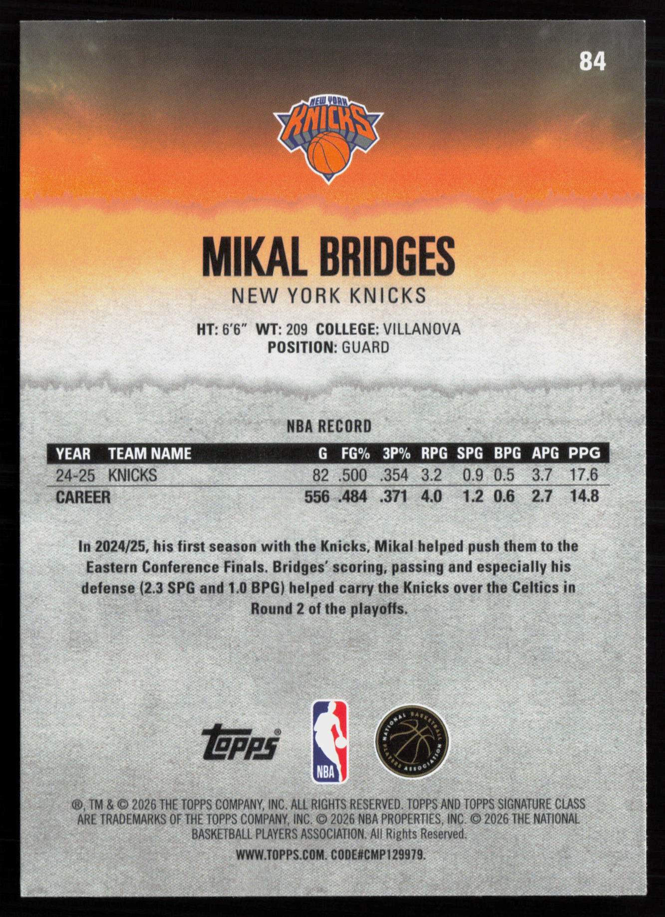 2025 2025-26 Topps Signature Class Mikal Bridges Basketball card — Back thumbnail