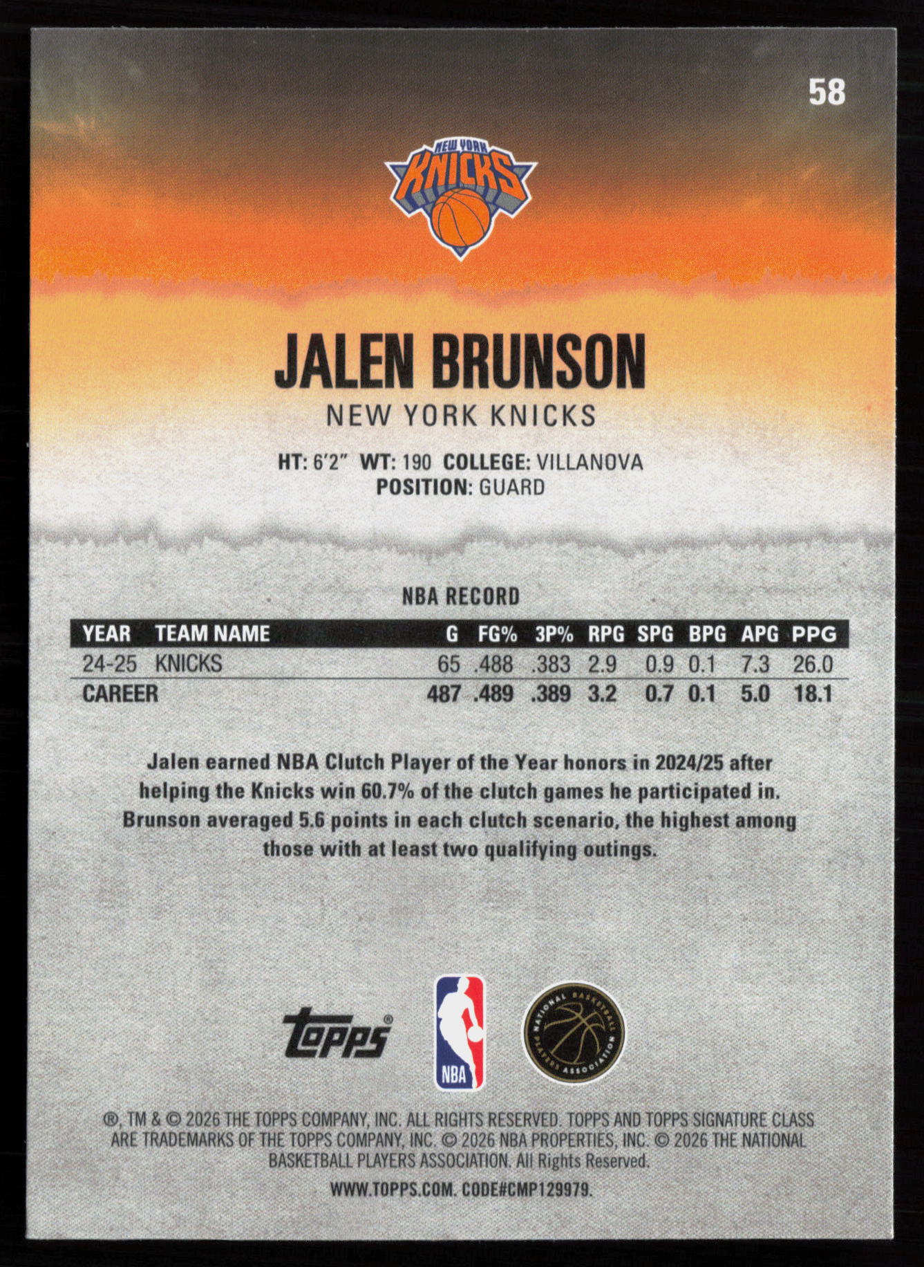 2025 2025-26 Topps Signature Class Jalen Brunson Basketball card — Back thumbnail