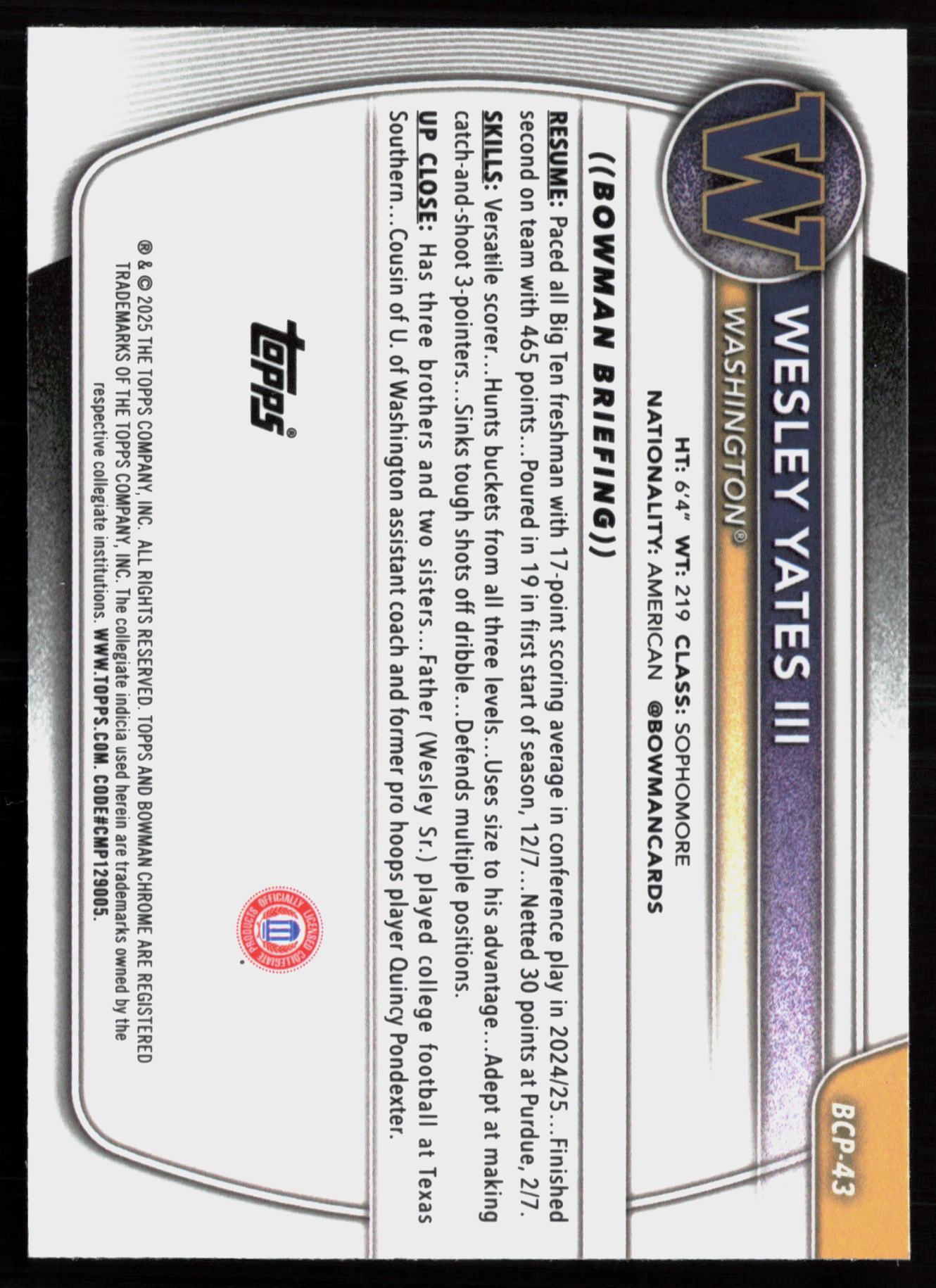 2025 2025-26 Bowman Wesley Yates III Basketball card — Back thumbnail