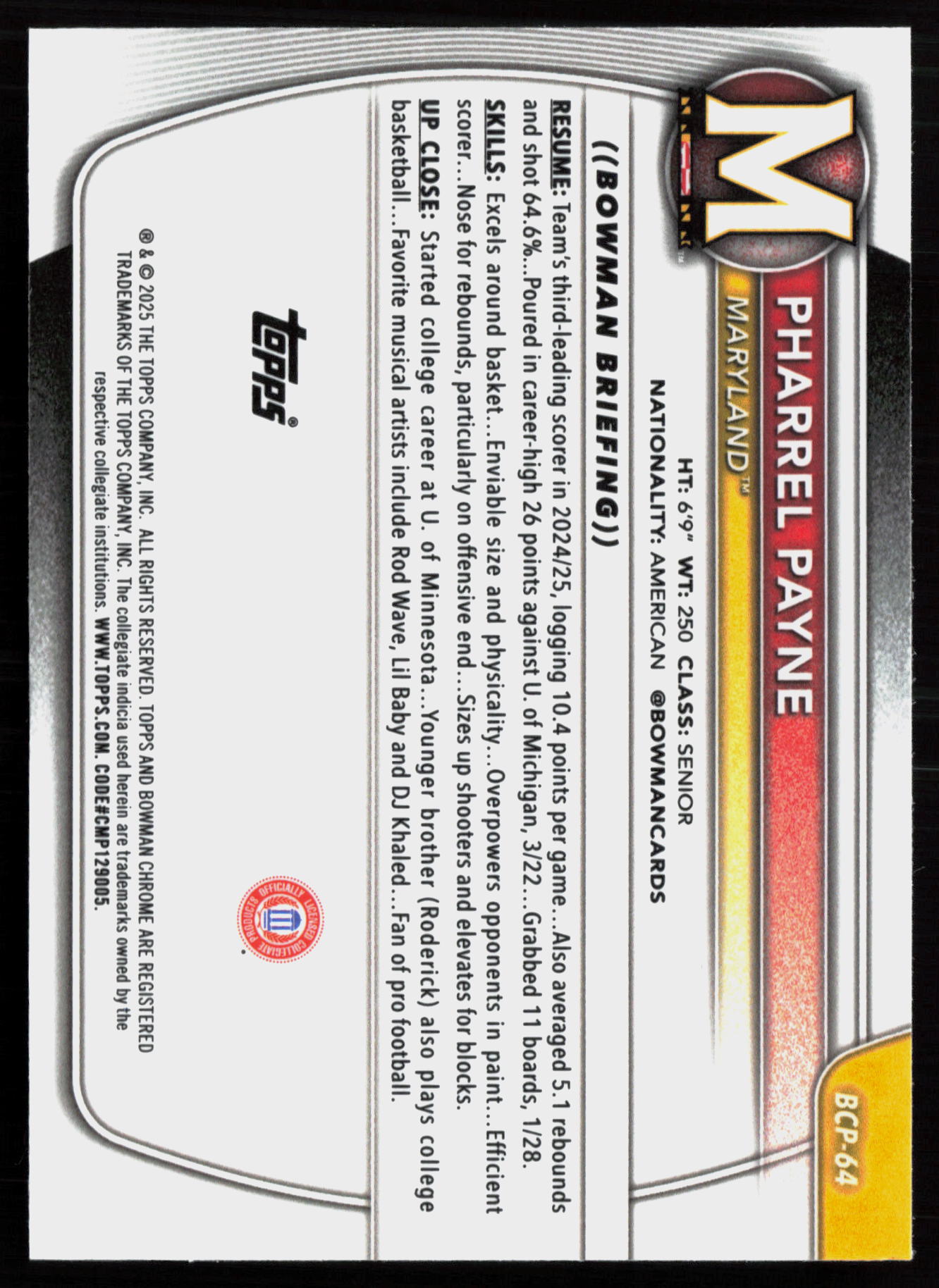 2025 2025-26 Bowman Pharrel Payne Basketball card — Back thumbnail