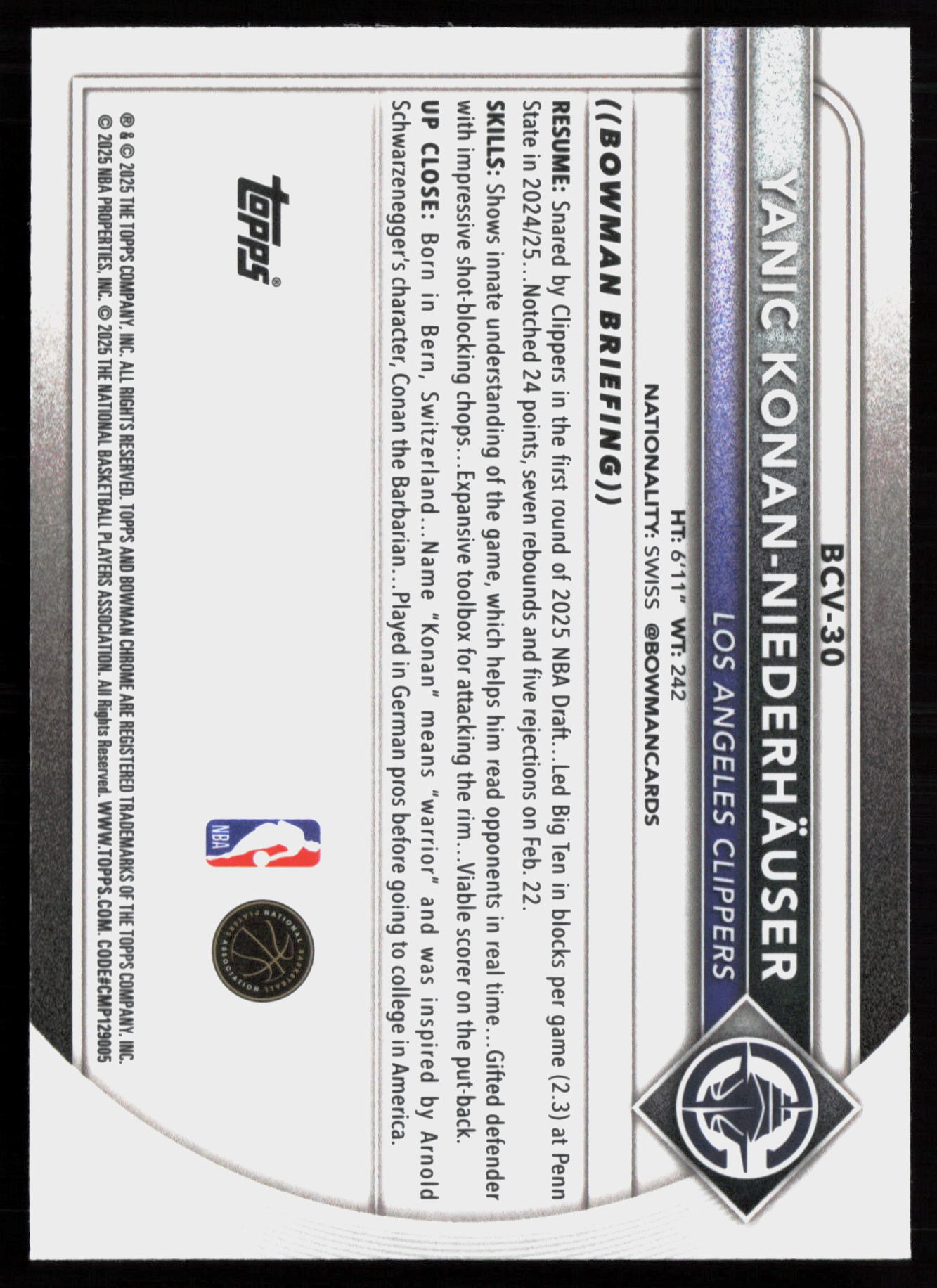 2025 2025-26 Bowman Yanic Konan Niederhäuser Basketball card — Back thumbnail