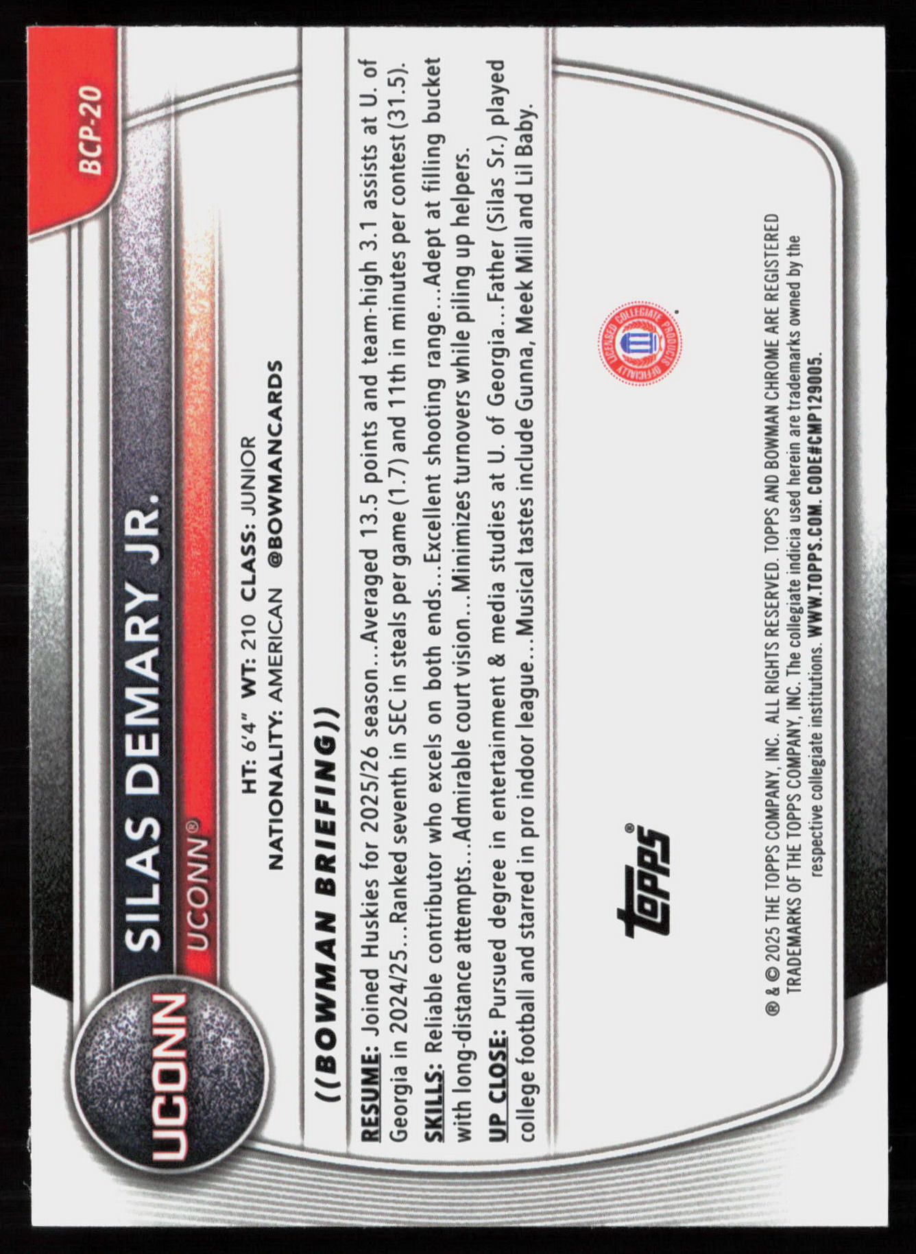 2025 2025-26 Bowman Silas Demary Jr. Basketball card — Back thumbnail
