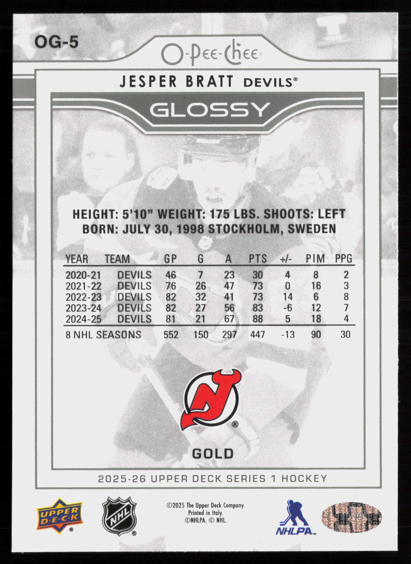 2025 2025-26 Upper Deck Jesper Bratt Hockey card — Back thumbnail