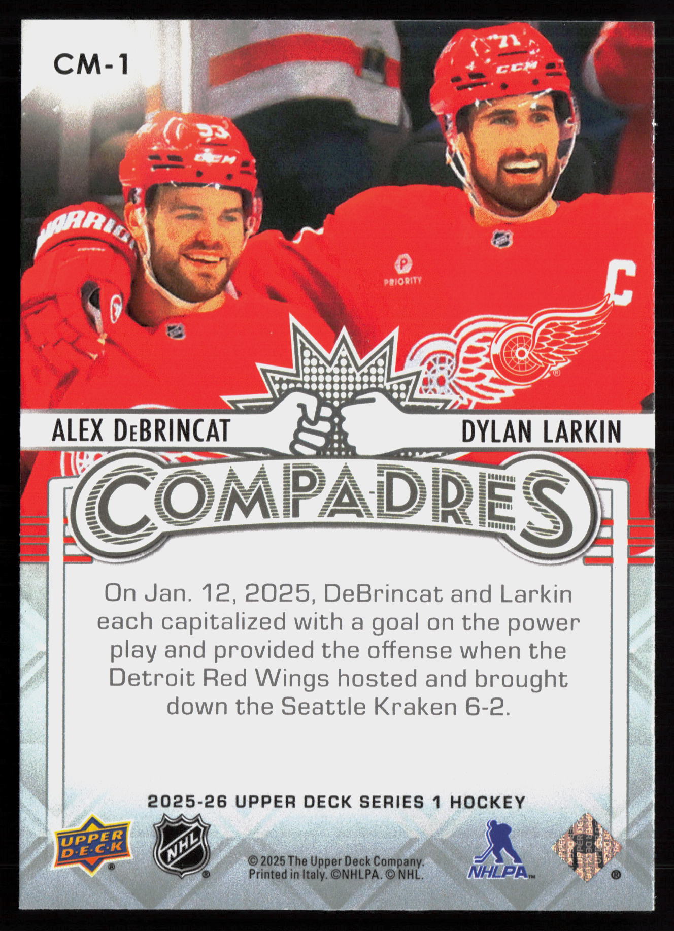 2025 2025-26 Upper Deck Alex DeBrincat / Dylan Larkin Hockey card — Back thumbnail