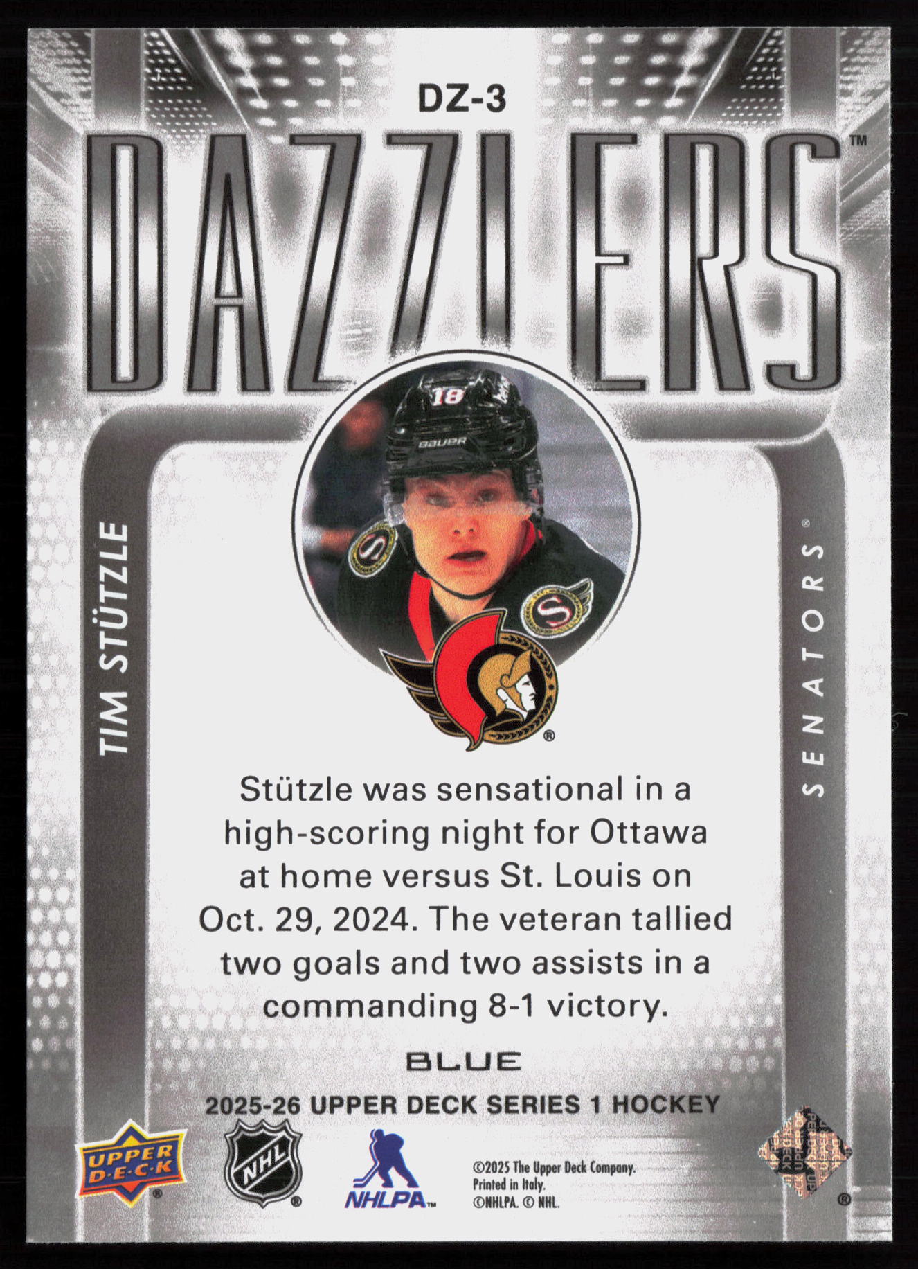 2025 2025-26 Upper Deck Tim Stutzle Hockey card — Back thumbnail