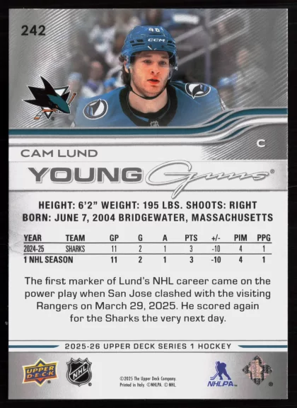 2025 2025-26 Upper Deck Cam Lund Hockey card — Back thumbnail