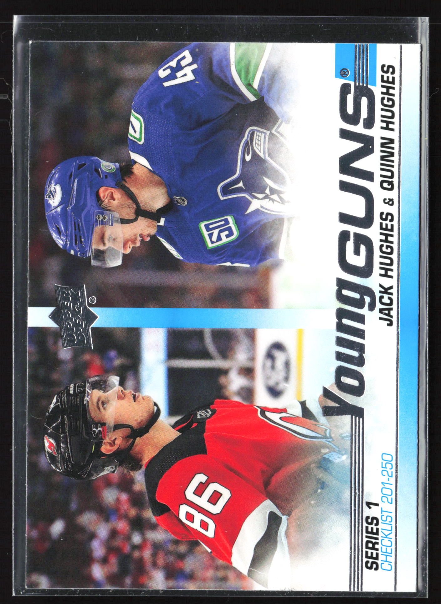 2019 2019-20 Upper Deck Jack Hughes/Quinn Hughes YG, CL, SN100 Hockey card front — Card Source Canada